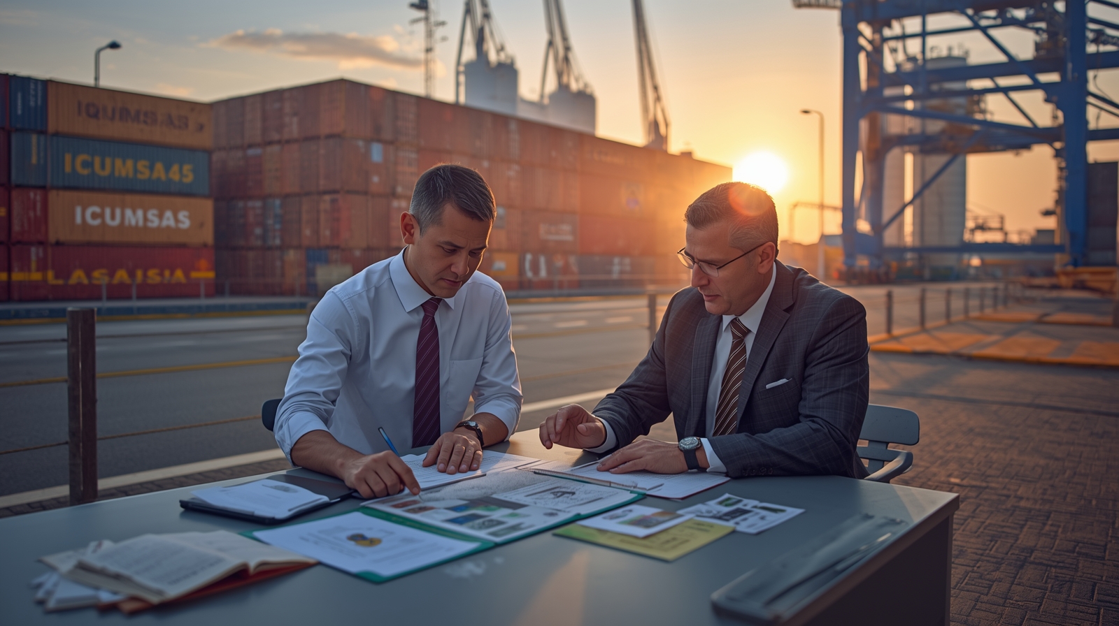 Business meeting at shipping port sunset.